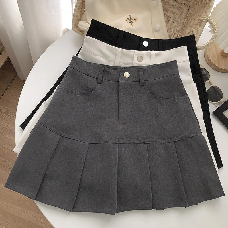 Y2K Vintage High Waist Pleated Skirt Women College Style Uniforms Safety Pants Mini Skirts Woman Korean Street Slim A-Line Skirt