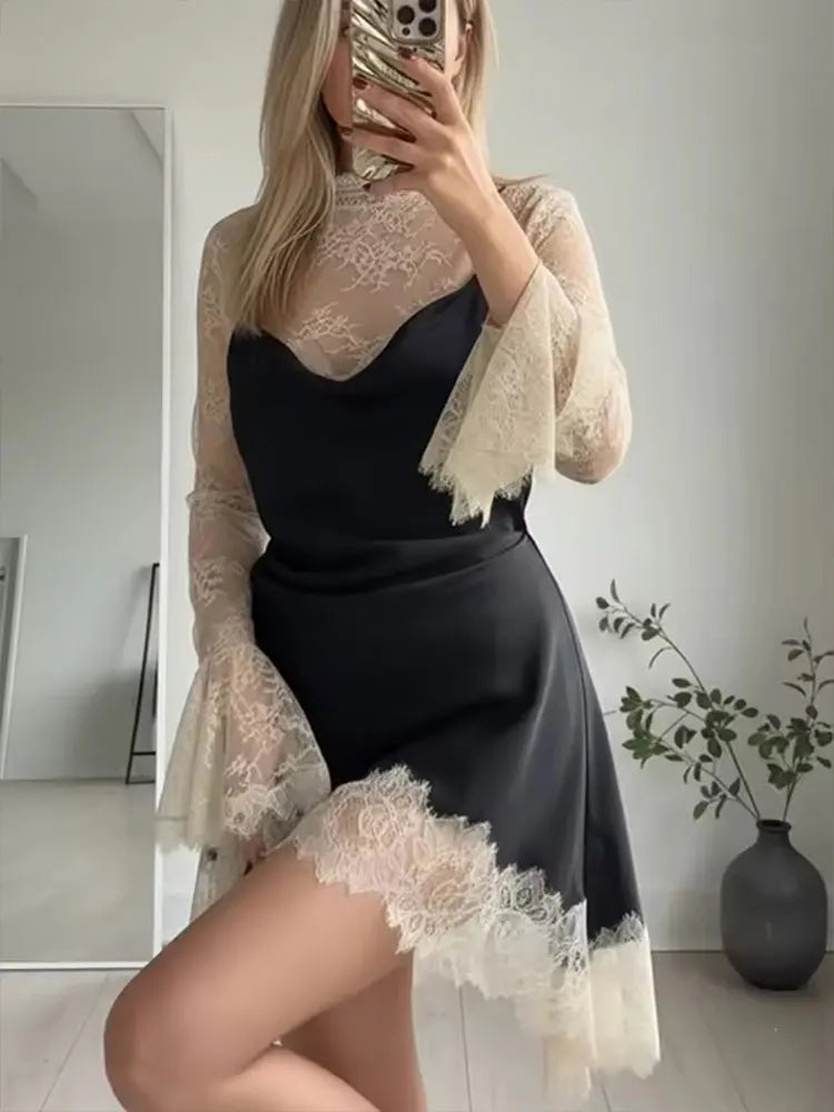 HH 2026 Women Lace Patchwork Mini Dress Vintage Contrast Slim Long Sleeve Dresses Y2k Summer Fashion High Street Lady Chic Dress