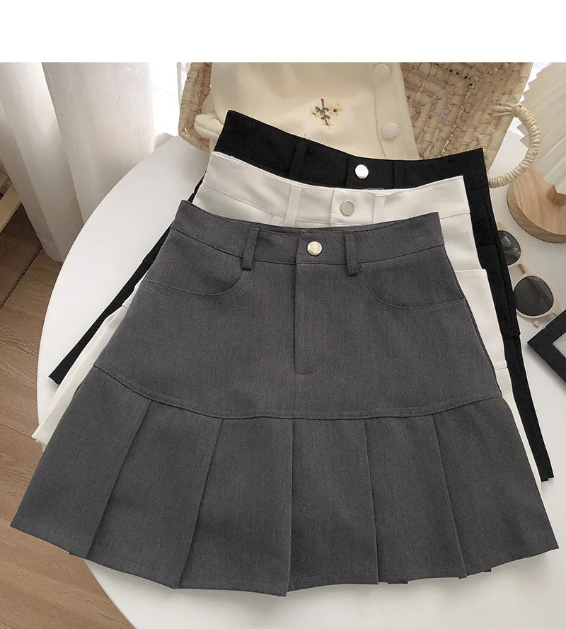 Y2K Vintage High Waist Pleated Skirt Women College Style Uniforms Safety Pants Mini Skirts Woman Korean Street Slim A-Line Skirt