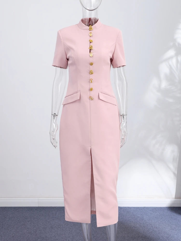 2026 Summer Stand Collar Solid Women's Midi Dress Elegant Single Breasted Short Sleeve Slim Dresses Fashion New Female Long Robe