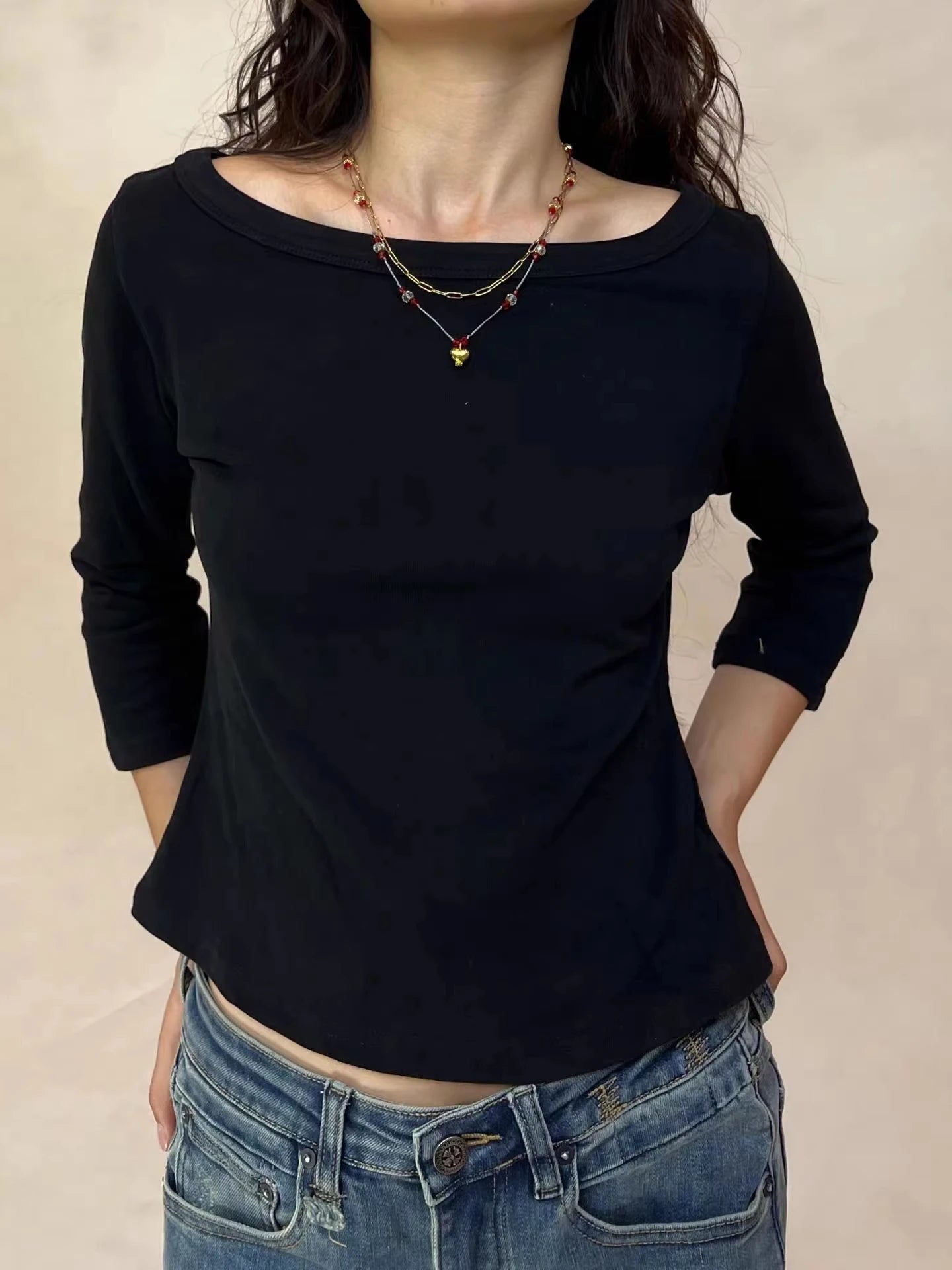 Women's Solid Slash Neck Top – Three-Quarter Sleeve