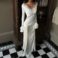 Slim Draped Ruched Hollow Out Maxi Dresses for Women Patchwork Lace V Neck Long Sleeve Long Dress Female Party Club Evening Robe