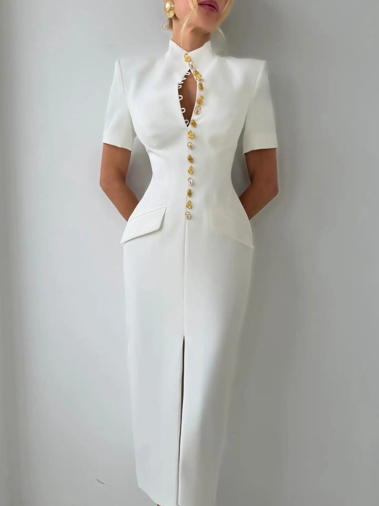 2026 Summer Stand Collar Solid Women's Midi Dress Elegant Single Breasted Short Sleeve Slim Dresses Fashion New Female Long Robe