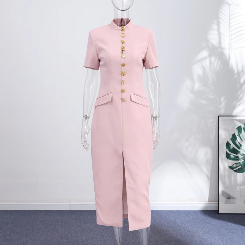 2026 Summer Stand Collar Solid Women's Midi Dress Elegant Single Breasted Short Sleeve Slim Dresses Fashion New Female Long Robe