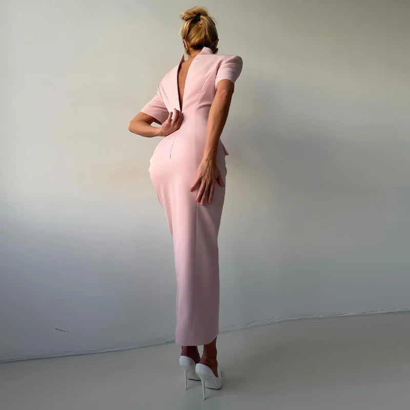 2026 Summer Stand Collar Solid Women's Midi Dress Elegant Single Breasted Short Sleeve Slim Dresses Fashion New Female Long Robe