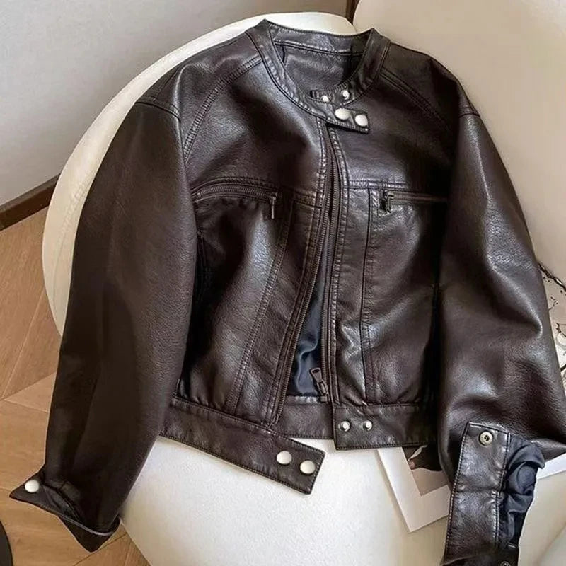 Women Clothing Short PU Leather Jacket Women's Coat Spring And Autumn New Small Design Stand-Up Collar Jacket tide