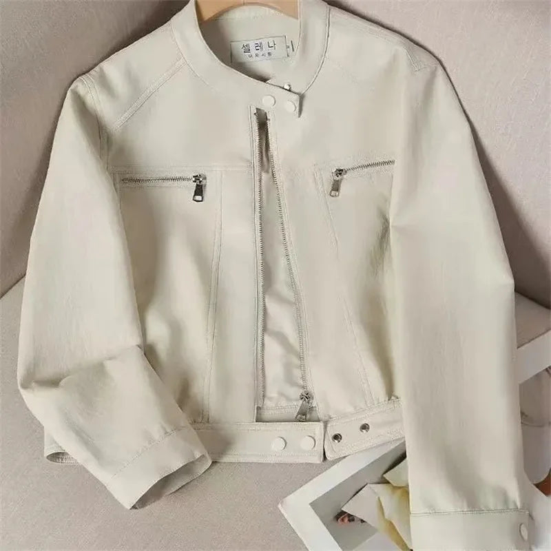 Women Clothing Short PU Leather Jacket Women's Coat Spring And Autumn New Small Design Stand-Up Collar Jacket tide
