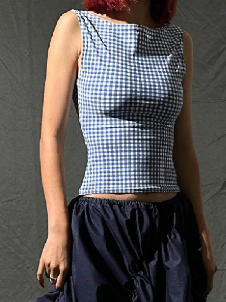 Korean Fashion Backless Plaid Print Bow Tie Sleeveless Crop Top 2025 Casual Streetwear Summer Slim Fit Corset Style