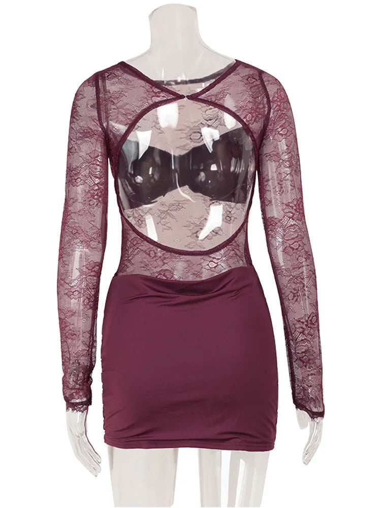 CNYISHE Lace Patchwork Backless O Neck Women Dresses Fashion Sheer Long Sleeve Sheath Outfits Hollow Out Female Hip Wrap Bodycon