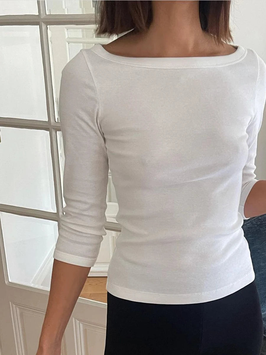 Women's Solid Slash Neck Top – Three-Quarter Sleeve
