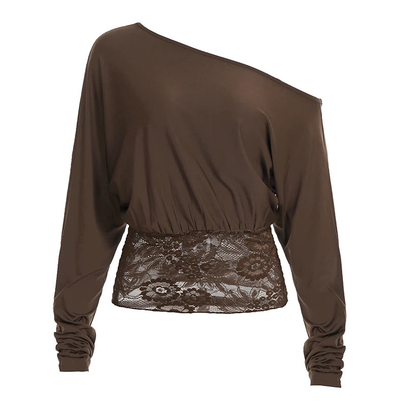 SUCHCUTE Elegant Off-Shoulder Lace-Trimmed Waist-Defining Top Retro Streetwear Solid Long-Sleeve T-Shirt For Women Spring-Summer