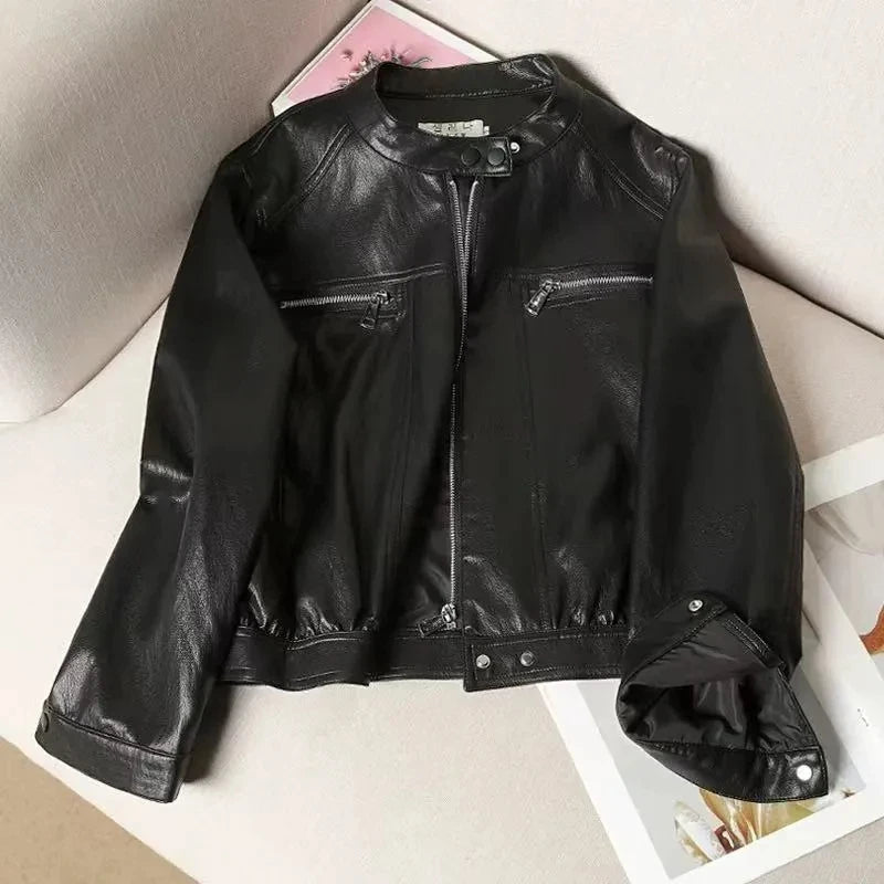 Women Clothing Short PU Leather Jacket Women's Coat Spring And Autumn New Small Design Stand-Up Collar Jacket tide