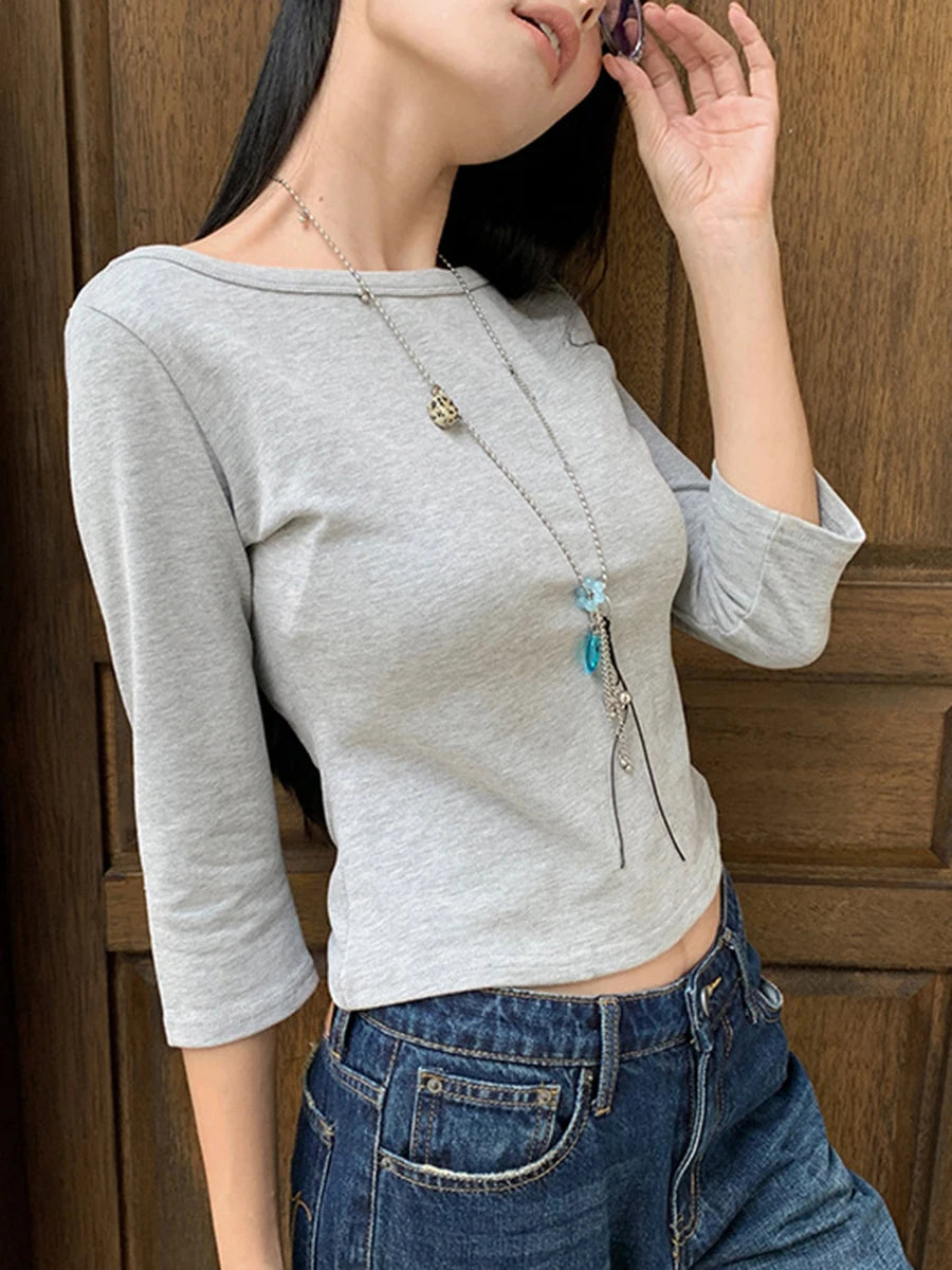 Women's Solid Slash Neck Top – Three-Quarter Sleeve