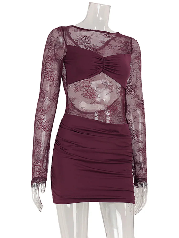 CNYISHE Lace Patchwork Backless O Neck Women Dresses Fashion Sheer Long Sleeve Sheath Outfits Hollow Out Female Hip Wrap Bodycon