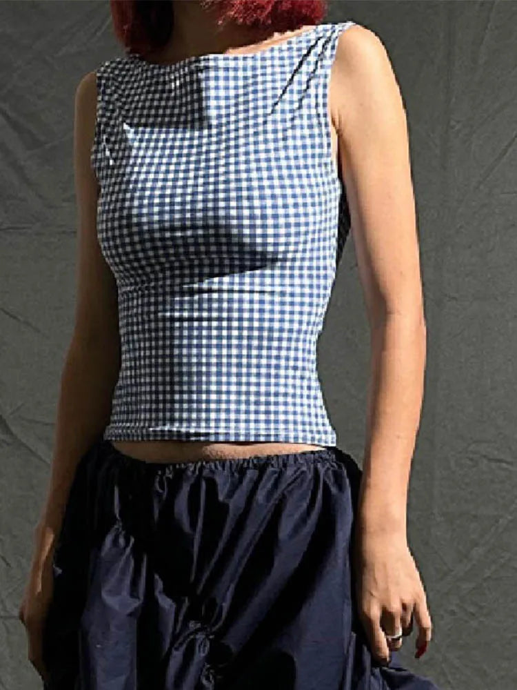 Korean Fashion Backless Plaid Print Bow Tie Sleeveless Crop Top 2025 Casual Streetwear Summer Slim Fit Corset Style