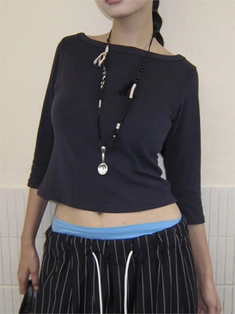Women's Solid Slash Neck Top – Three-Quarter Sleeve