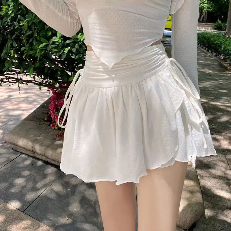 Korean Summer White Mini Skirts Ladies High Waist Irregular Drawstring Pleated Skirt Girly Style All-Match Short Skirts