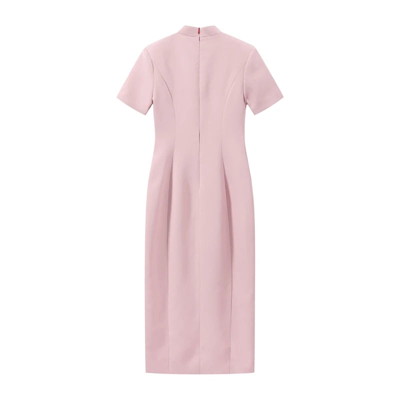 2026 Summer Stand Collar Solid Women's Midi Dress Elegant Single Breasted Short Sleeve Slim Dresses Fashion New Female Long Robe