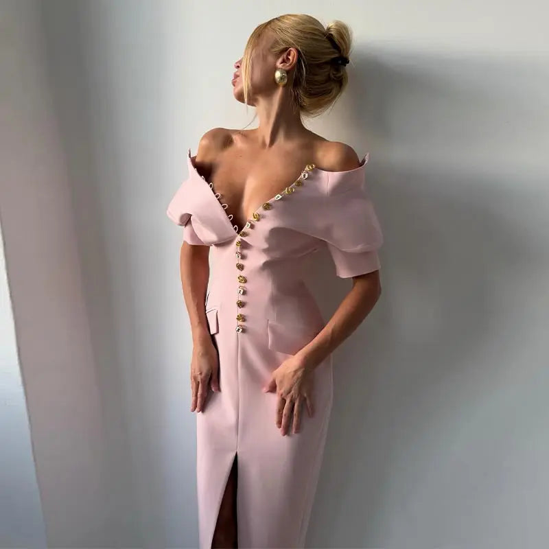 2026 Summer Stand Collar Solid Women's Midi Dress Elegant Single Breasted Short Sleeve Slim Dresses Fashion New Female Long Robe