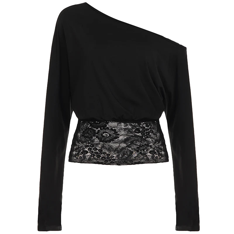 SUCHCUTE Elegant Off-Shoulder Lace-Trimmed Waist-Defining Top Retro Streetwear Solid Long-Sleeve T-Shirt For Women Spring-Summer