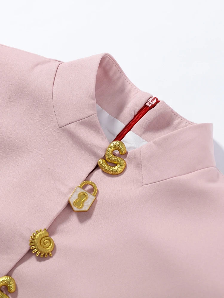 2026 Summer Stand Collar Solid Women's Midi Dress Elegant Single Breasted Short Sleeve Slim Dresses Fashion New Female Long Robe