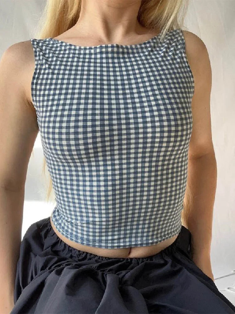 Korean Fashion Backless Plaid Print Bow Tie Sleeveless Crop Top 2025 Casual Streetwear Summer Slim Fit Corset Style
