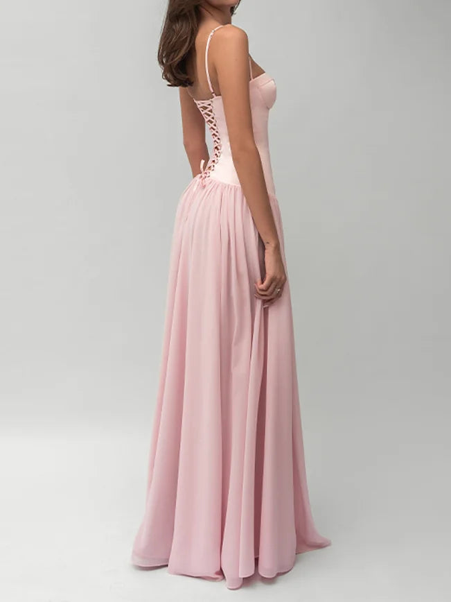 Elegant Pink Spaghetti Strap A-line Maxi Dress Women Lace Up Waist-cinching Flowy Dresses 2026 New Formal Party Customize Gowns