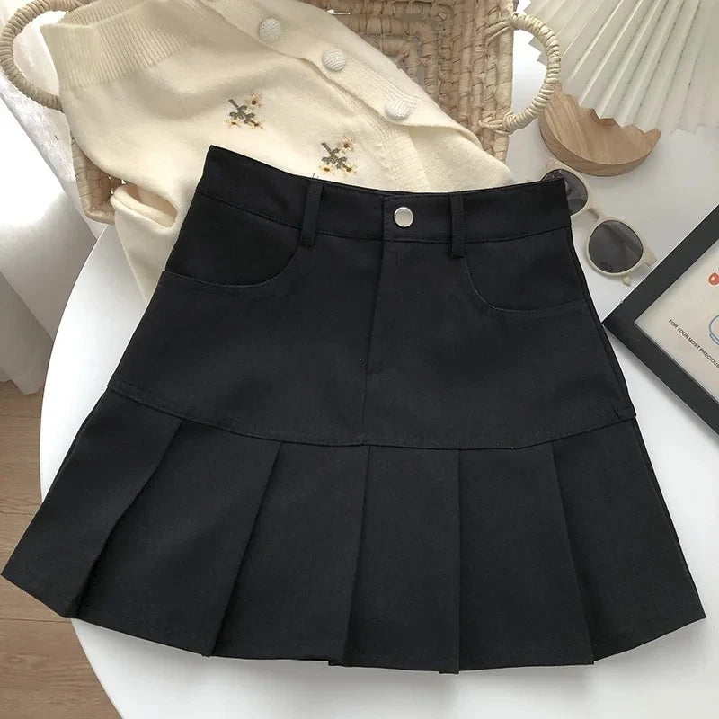 Y2K Vintage High Waist Pleated Skirt Women College Style Uniforms Safety Pants Mini Skirts Woman Korean Street Slim A-Line Skirt