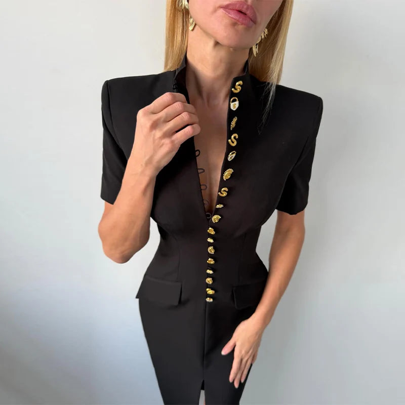 2026 Summer Stand Collar Solid Women's Midi Dress Elegant Single Breasted Short Sleeve Slim Dresses Fashion New Female Long Robe