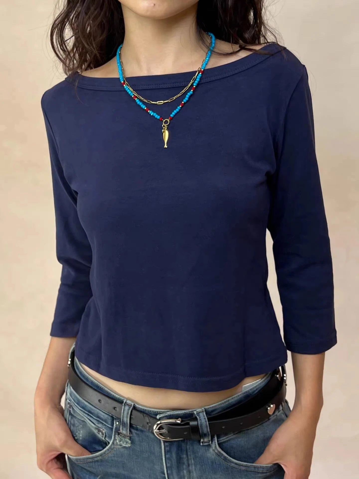 Women's Solid Slash Neck Top – Three-Quarter Sleeve