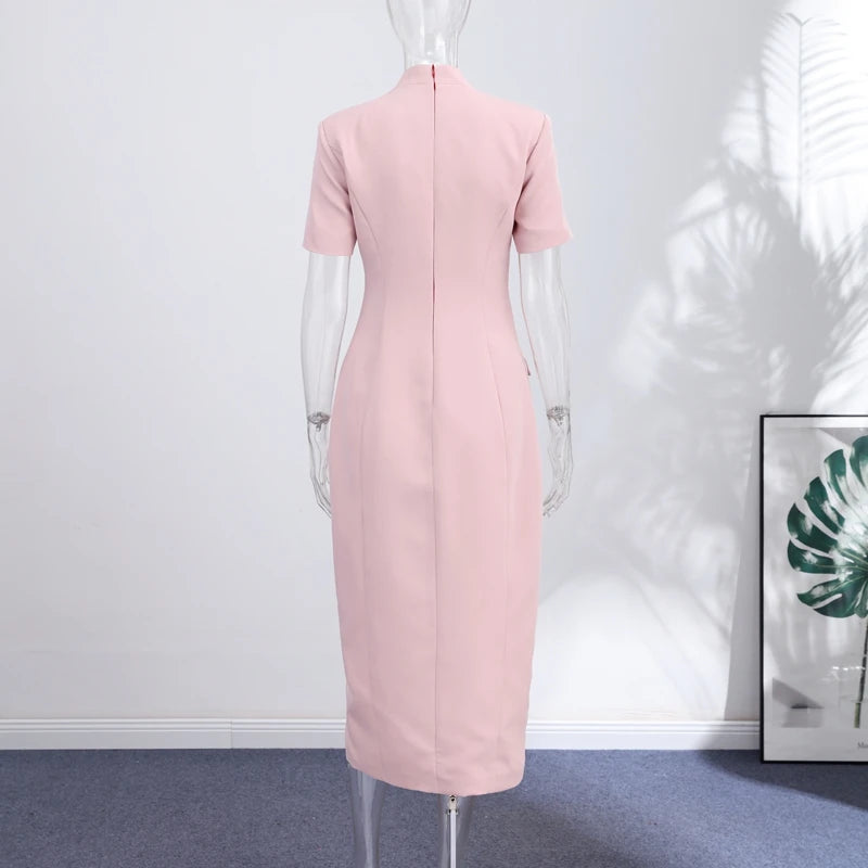 2026 Summer Stand Collar Solid Women's Midi Dress Elegant Single Breasted Short Sleeve Slim Dresses Fashion New Female Long Robe