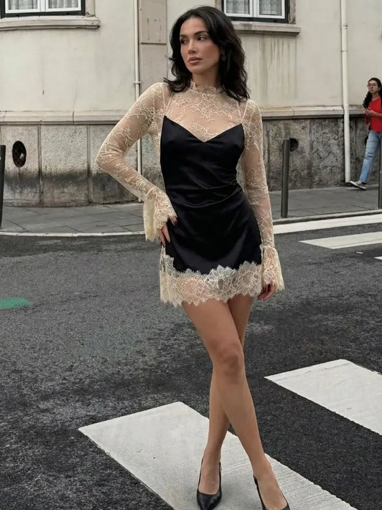 HH 2026 Women Lace Patchwork Mini Dress Vintage Contrast Slim Long Sleeve Dresses Y2k Summer Fashion High Street Lady Chic Dress
