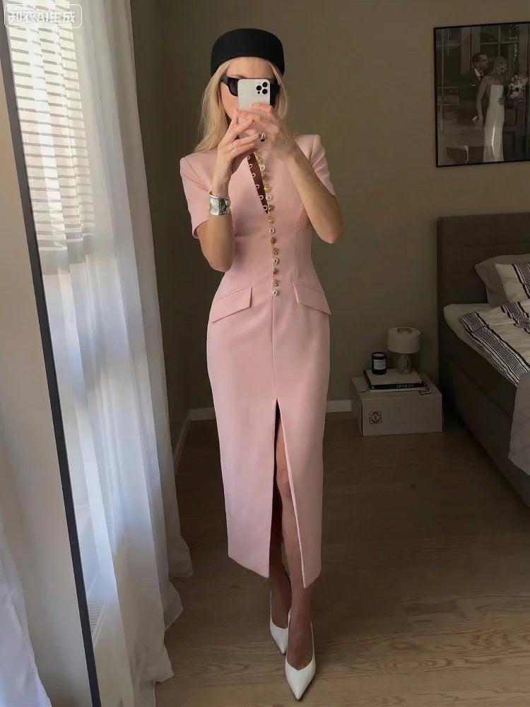 2026 Summer Stand Collar Solid Women's Midi Dress Elegant Single Breasted Short Sleeve Slim Dresses Fashion New Female Long Robe