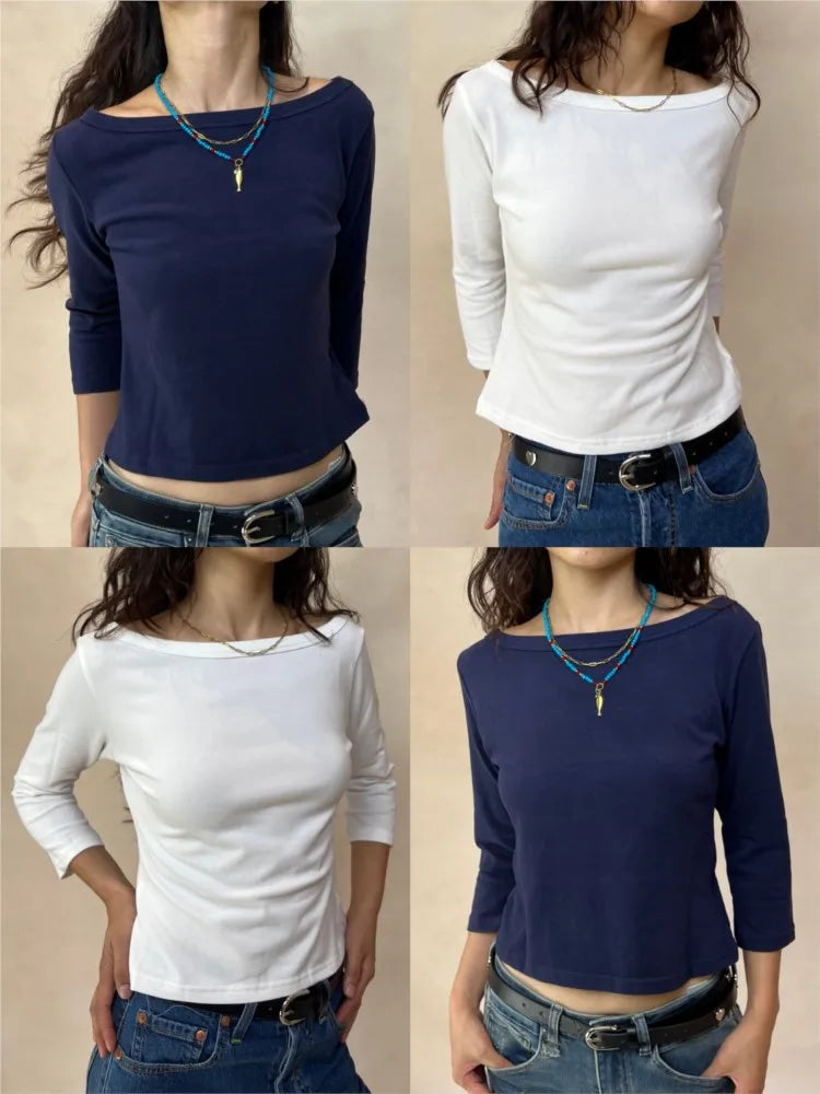 Women's Solid Slash Neck Top – Three-Quarter Sleeve