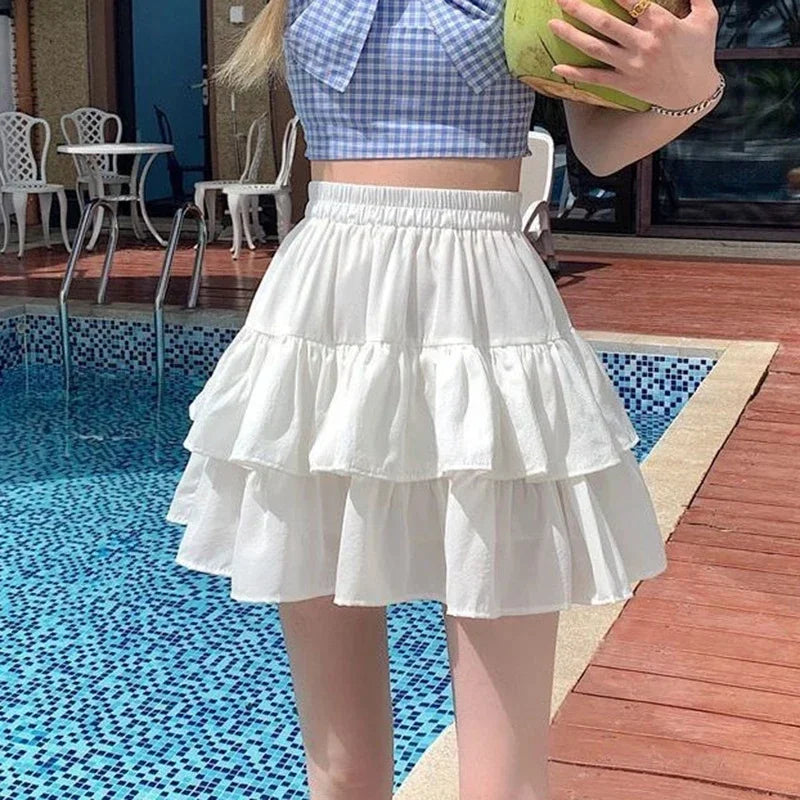 Korean Summer White Mini Skirts Ladies High Waist Irregular Drawstring Pleated Skirt Girly Style All-Match Short Skirts