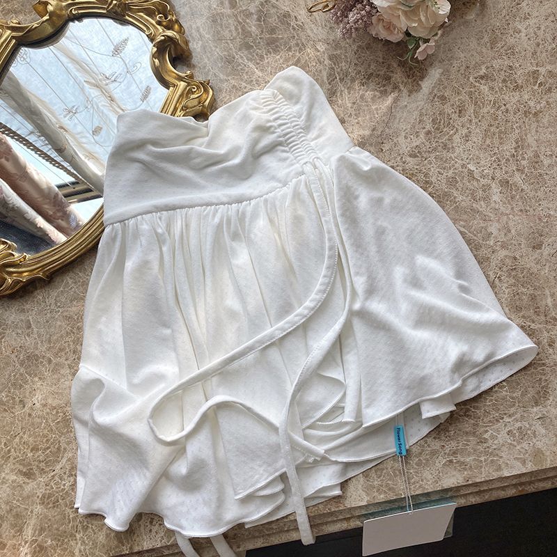 Korean Summer White Mini Skirts Ladies High Waist Irregular Drawstring Pleated Skirt Girly Style All-Match Short Skirts
