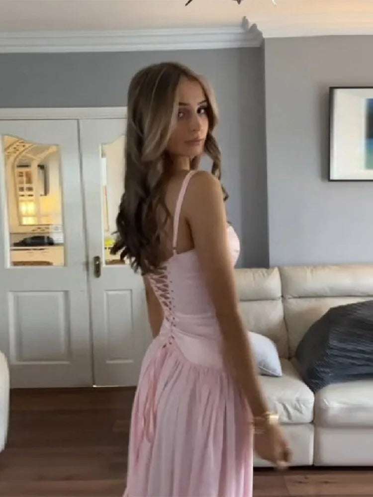 Elegant Pink Spaghetti Strap A-line Maxi Dress Women Lace Up Waist-cinching Flowy Dresses 2026 New Formal Party Customize Gowns