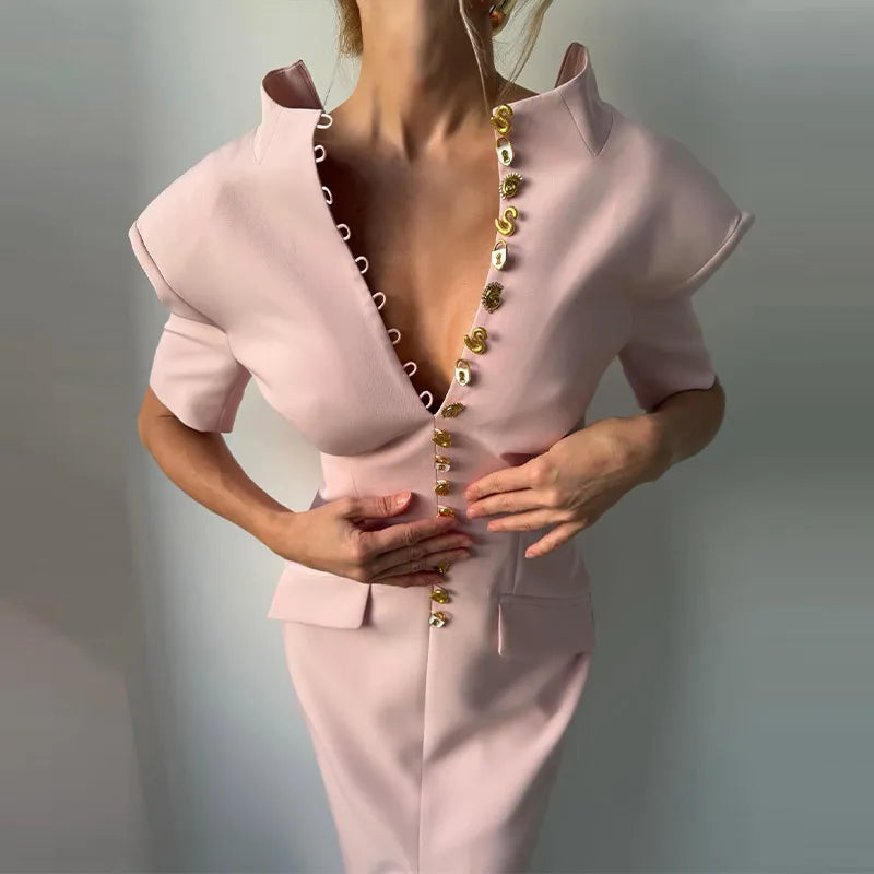 2026 Summer Stand Collar Solid Women's Midi Dress Elegant Single Breasted Short Sleeve Slim Dresses Fashion New Female Long Robe