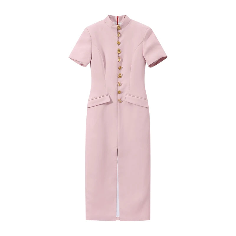 2026 Summer Stand Collar Solid Women's Midi Dress Elegant Single Breasted Short Sleeve Slim Dresses Fashion New Female Long Robe