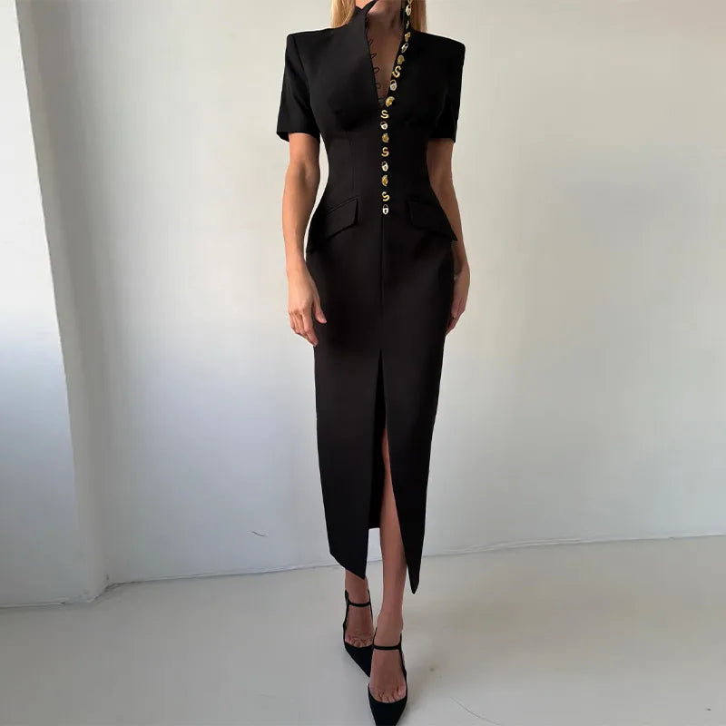 2026 Summer Stand Collar Solid Women's Midi Dress Elegant Single Breasted Short Sleeve Slim Dresses Fashion New Female Long Robe
