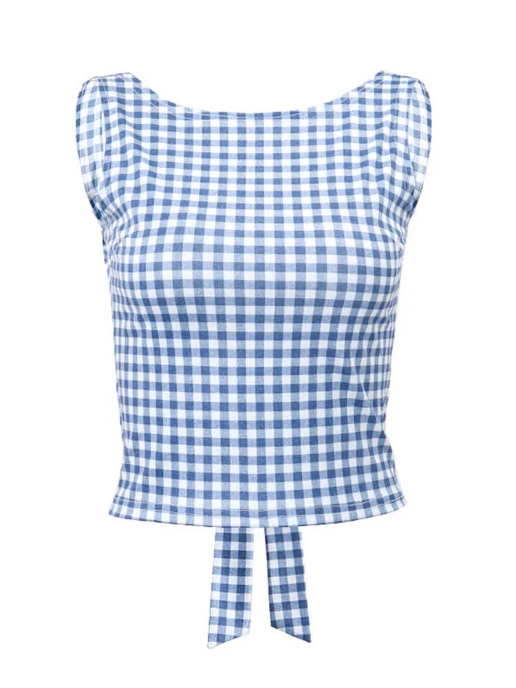 Korean Fashion Backless Plaid Print Bow Tie Sleeveless Crop Top 2025 Casual Streetwear Summer Slim Fit Corset Style