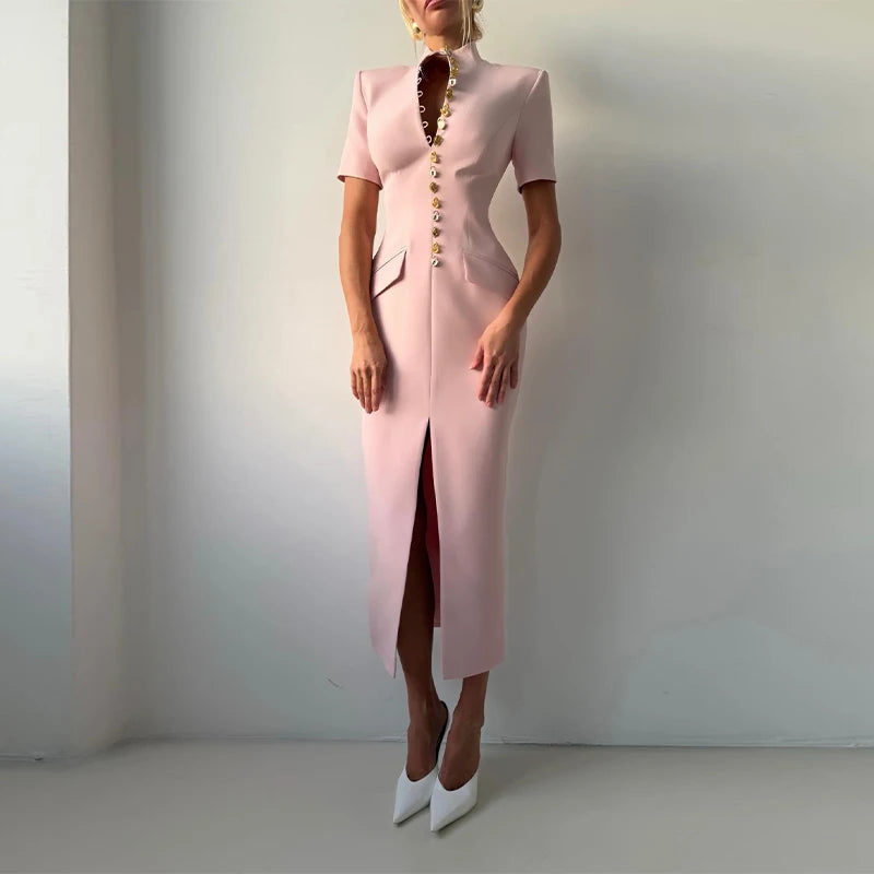 2026 Summer Stand Collar Solid Women's Midi Dress Elegant Single Breasted Short Sleeve Slim Dresses Fashion New Female Long Robe