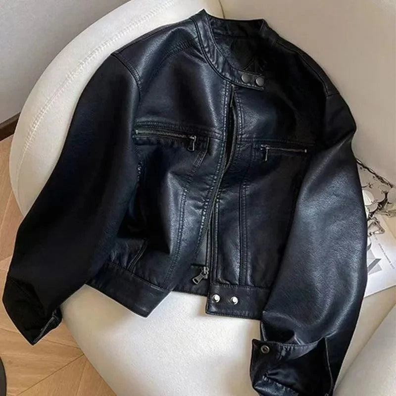 Women Clothing Short PU Leather Jacket Women's Coat Spring And Autumn New Small Design Stand-Up Collar Jacket tide