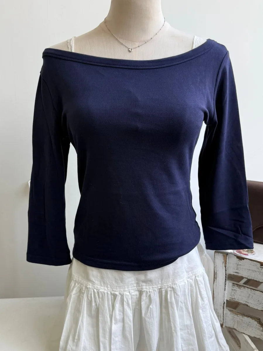 Women's Solid Slash Neck Top – Three-Quarter Sleeve