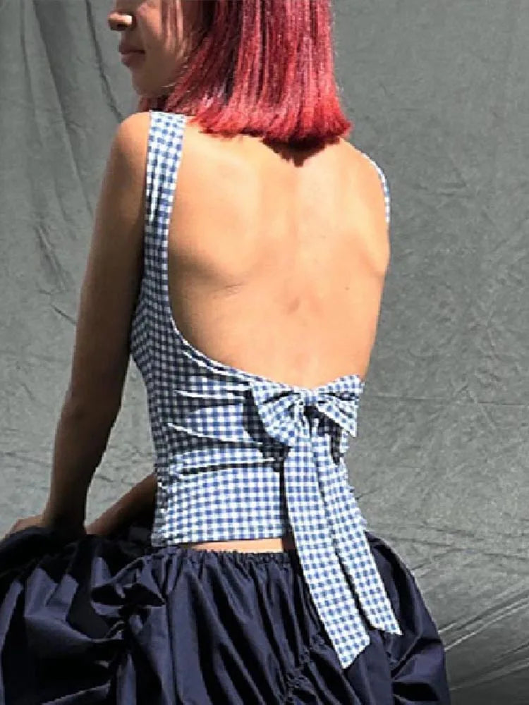 Korean Fashion Backless Plaid Print Bow Tie Sleeveless Crop Top 2025 Casual Streetwear Summer Slim Fit Corset Style