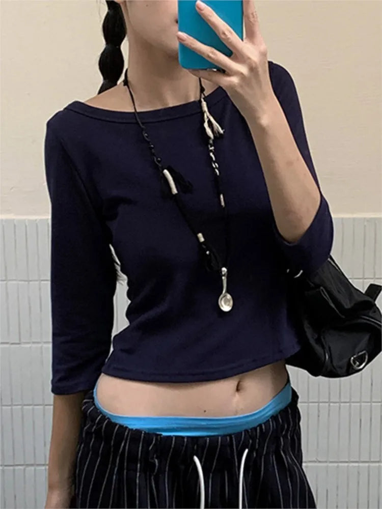 Women's Solid Slash Neck Top – Three-Quarter Sleeve