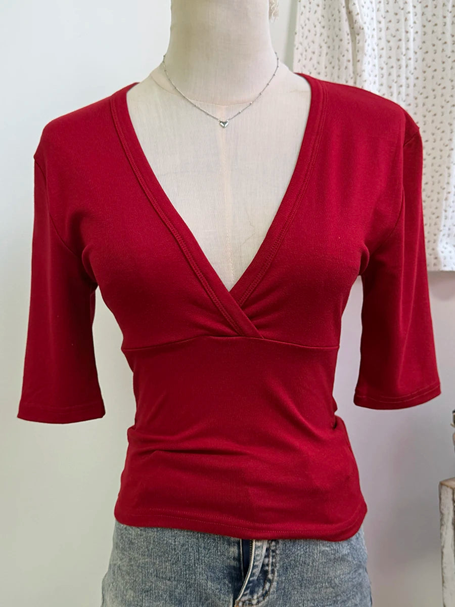 Women's Solid Slash Neck Top – Three-Quarter Sleeve