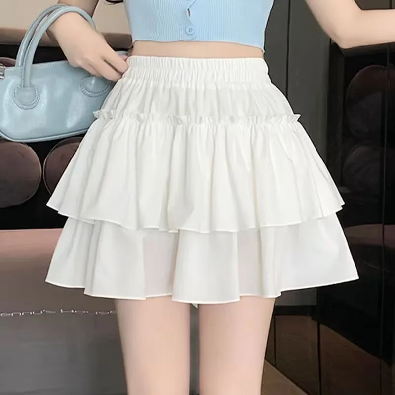 Korean Summer White Mini Skirts Ladies High Waist Irregular Drawstring Pleated Skirt Girly Style All-Match Short Skirts