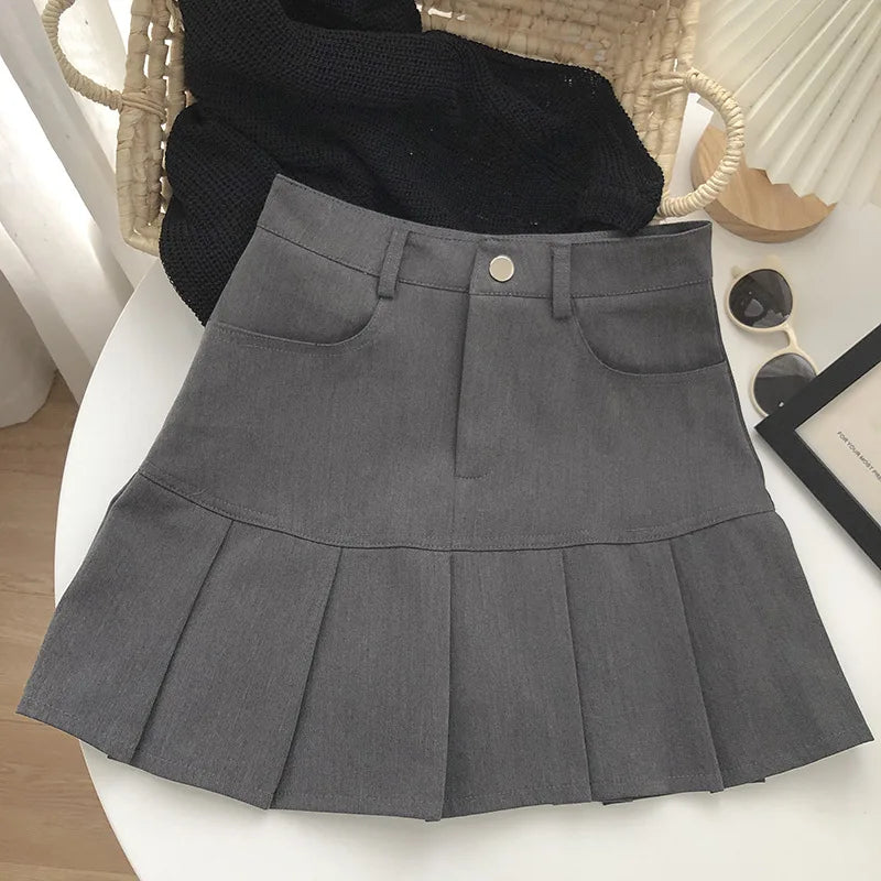 Y2K Vintage High Waist Pleated Skirt Women College Style Uniforms Safety Pants Mini Skirts Woman Korean Street Slim A-Line Skirt