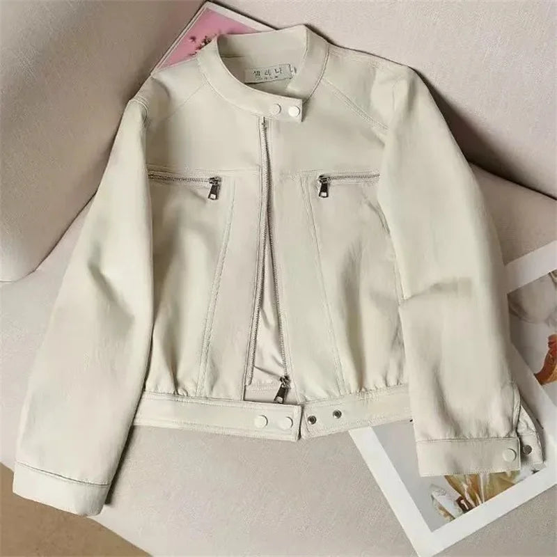 Women Clothing Short PU Leather Jacket Women's Coat Spring And Autumn New Small Design Stand-Up Collar Jacket tide